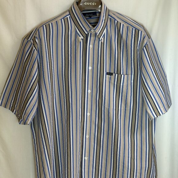 Faconnable Men's Button Down Striped Short Sleeve Shirt - Beige~Blue~White - XL - Picture 1 of 7